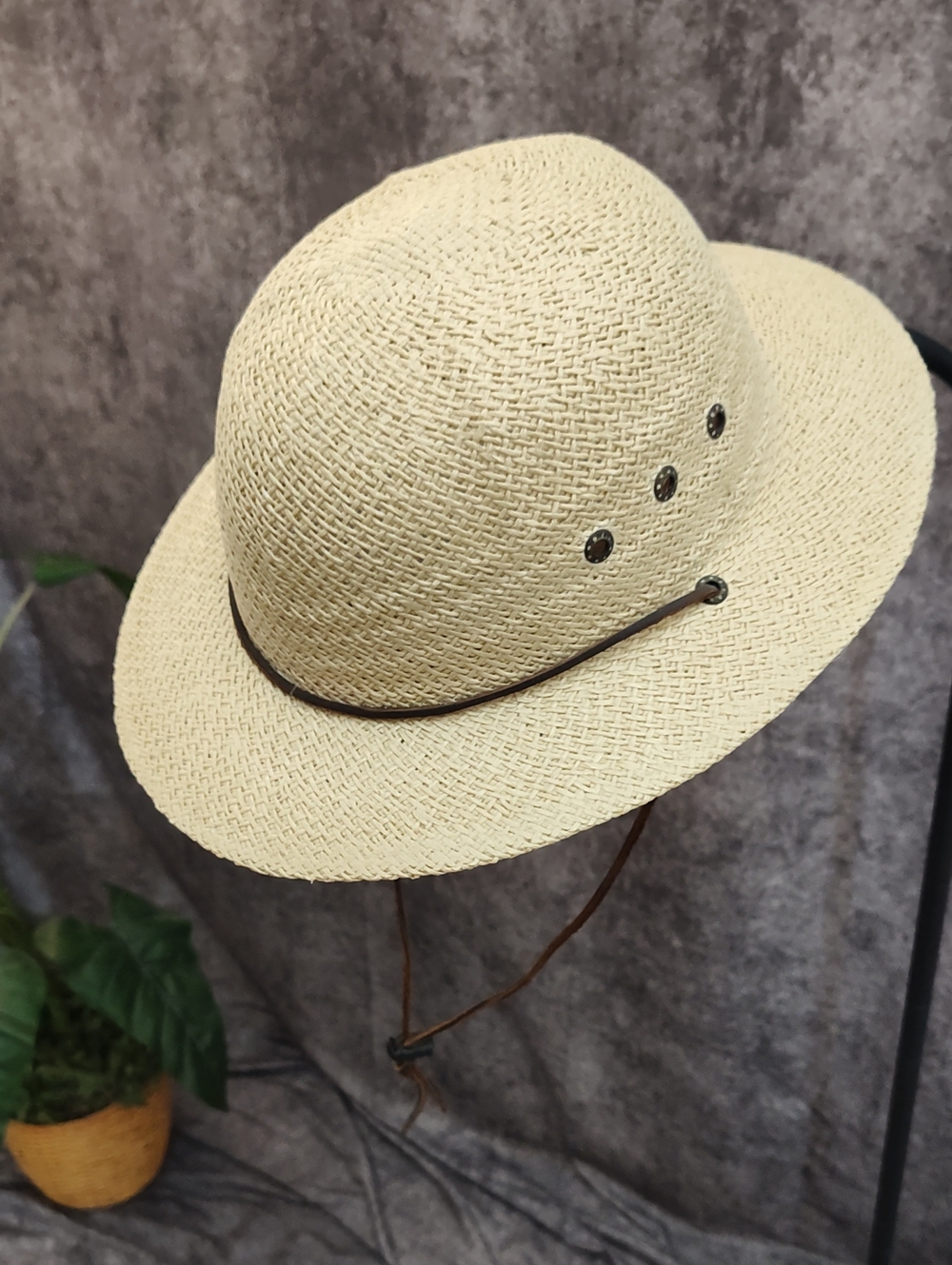 Beige Straw Sun Hat with Brown Chin Cord